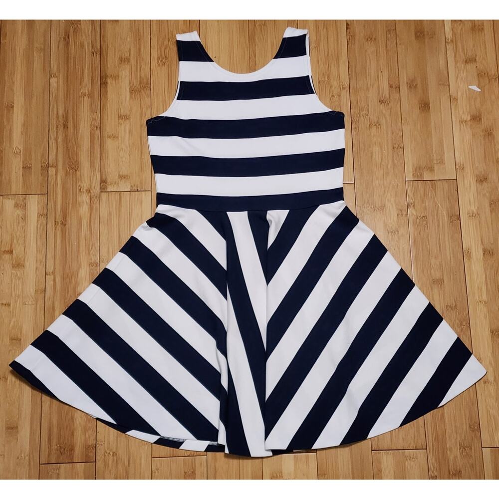 Polo Ralph Lauren Navy White Striped Sleeveless Flare Dress Girl's Large (12-14)